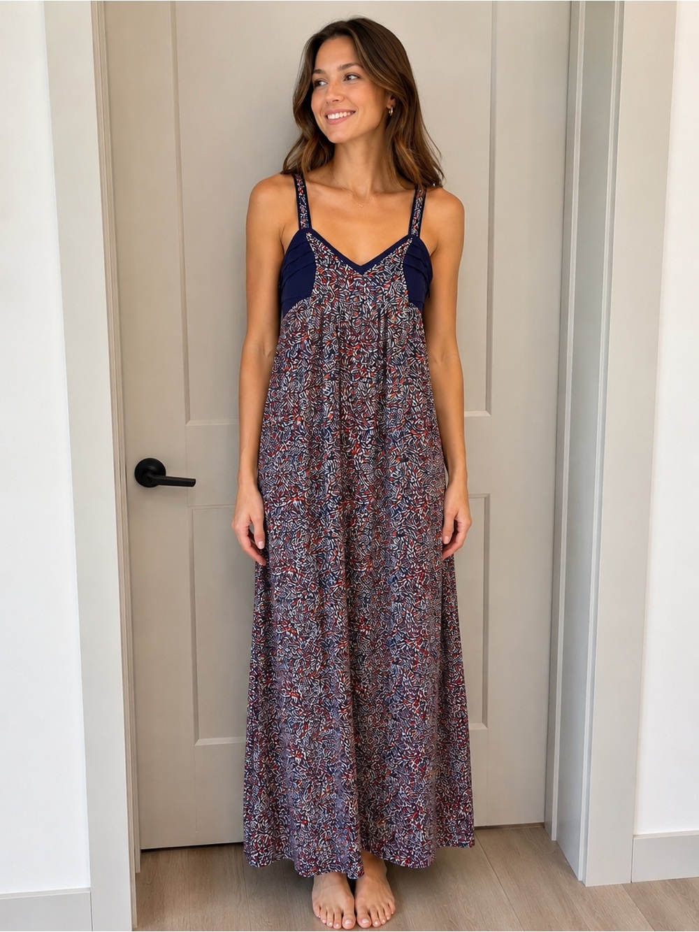 BCBGeneration Floor Length Watercolor Art Print Button Back Maxi Dress.